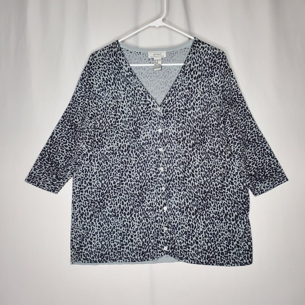 Lord Taylor Vtg Silk Button Cardigan Womens 2X Blue Leopard Knit Half Sleeve